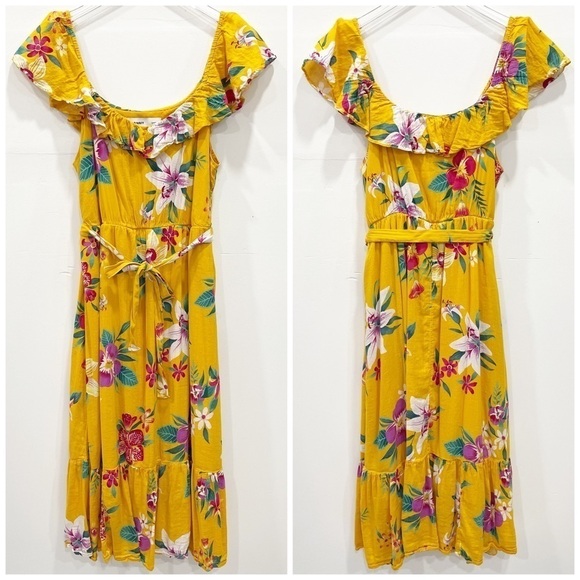 Old Navy Cami Short Sleeve Ruffle Neck Midi Dress Tropical Yellow Cotton Blend - Picture 1 of 7